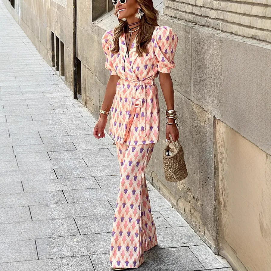 Women's Lace-up Printed Two-piece Set Lantern Sleeve Long Pants. Smart Fit Simple. 3033 Lace Beach Clothes
