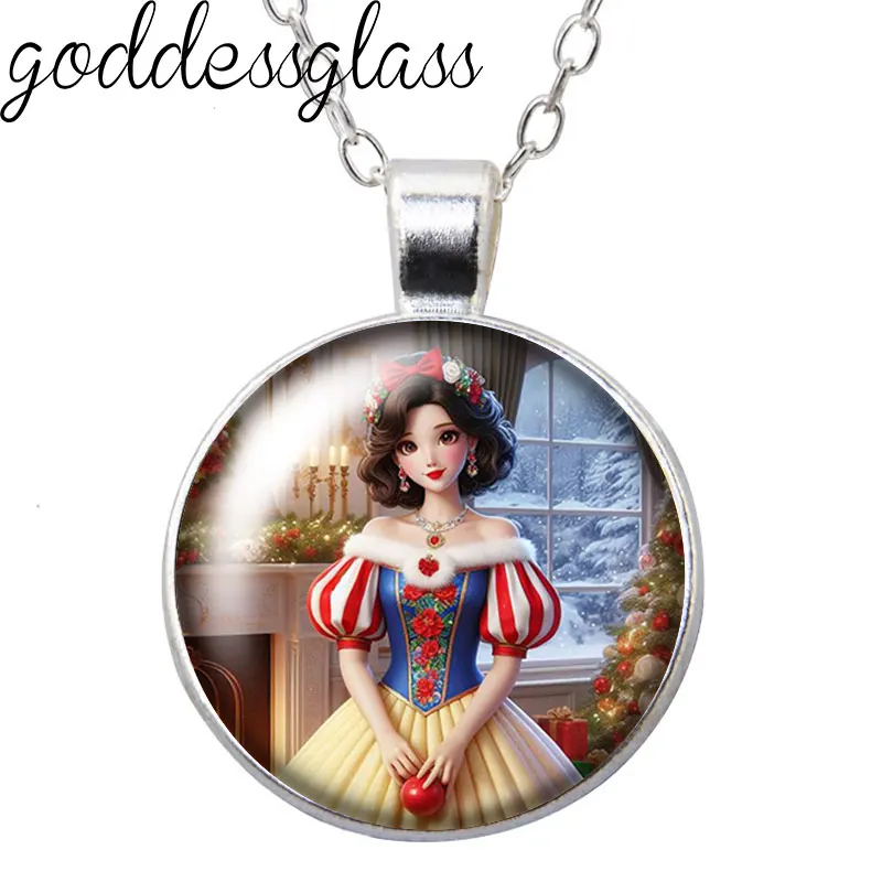 Disney Princesses Christmas Dress Merida Belle Elsa Anna Round Photo Glass cabochon silver plated pendant necklace jewelry Gift