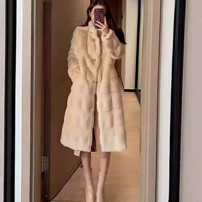 

Faux Fur Coats Women Mid Length Coat Thick Warm Stand Collar White Apricot Open Stitch Autumn Winter Maxi Furry Outerwear