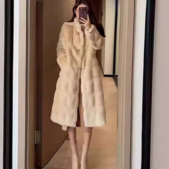 Faux Fur Coats Women Mid Length Coat Thick Warm Stand Collar White Apricot Open Stitch Autumn Winter Maxi Furry Outerwear