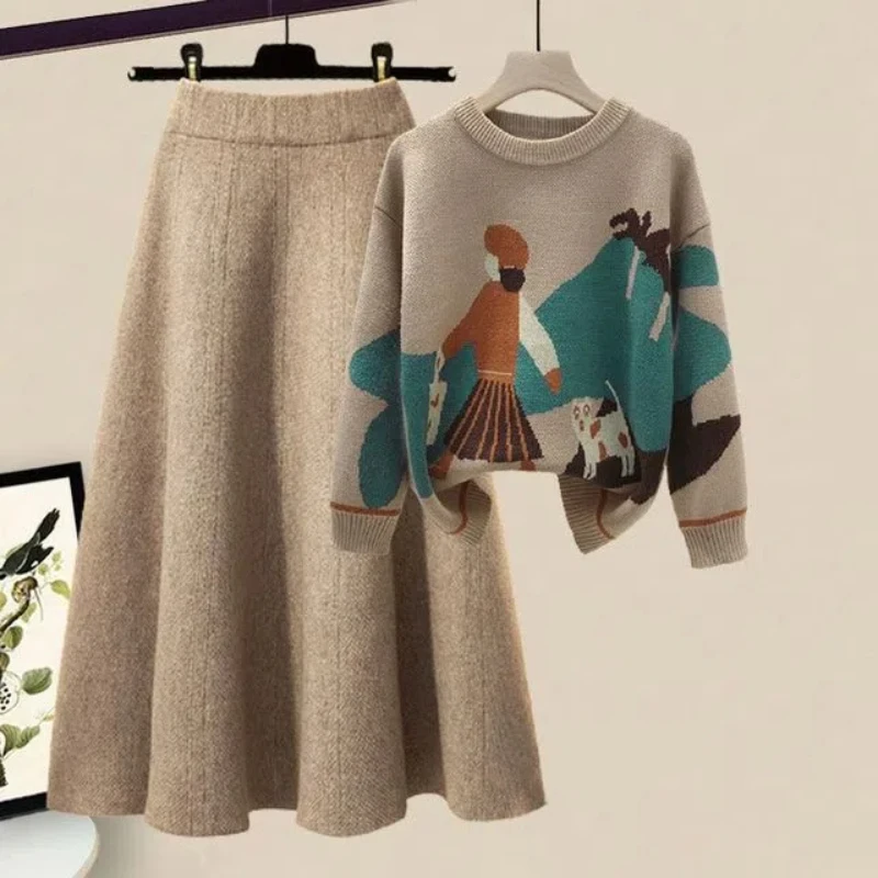 Fashion Pullover Sweater Set With Matching Skirt Dress 2-Piece Set Autumn Winter Age-Reducing Female Suit