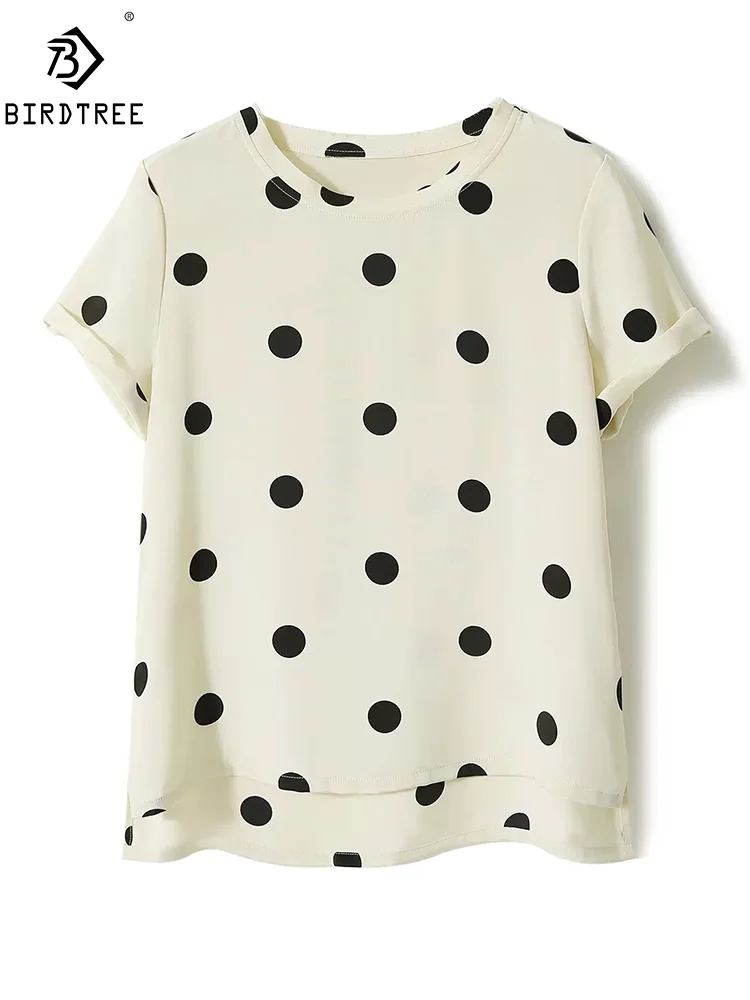 

BirdTree, 100%Mulberry Silk Casual T-Shirts, Women Short Sleeve Polka Dots, Retro Fashion OL Loose Top, Spring Summer T45698QM