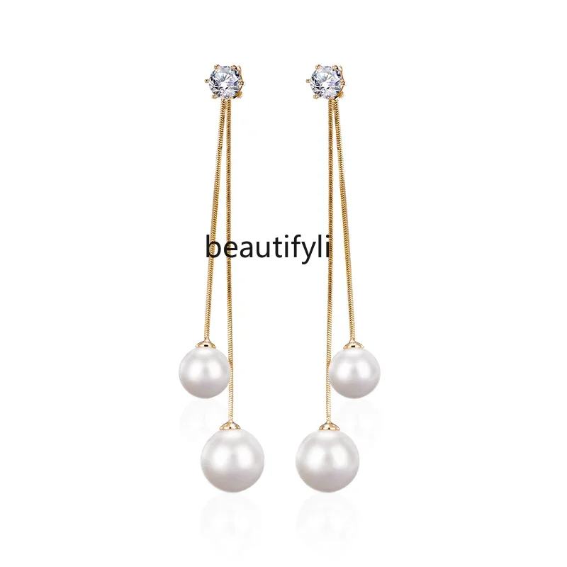 Long fringed pearl earrings women's sterling silver earrings high-end light luxury temperament earrings