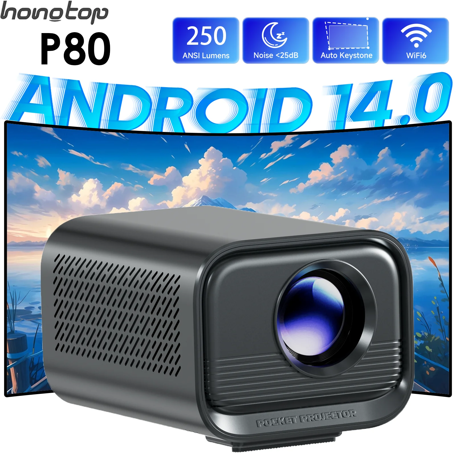 HONGTOP P80 Smart Mini Projector Android 14 WiFi6 BT 5.0 Support 4K 1280*720P Smart Home Cinema Outdoor Portable Projector