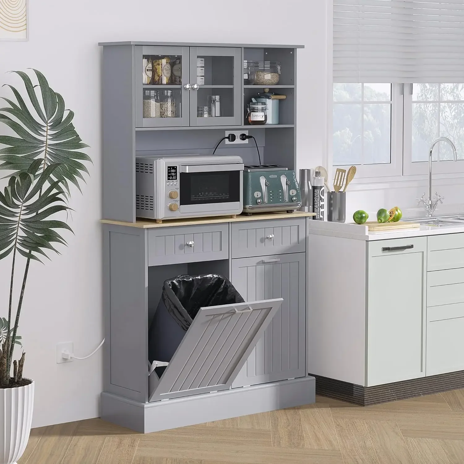 2 Tilt Out Trash Cabinets and Microwave Stand, Freestanding Kitchen Hutch with Glass Doors and Adjustable Shelf, Gray