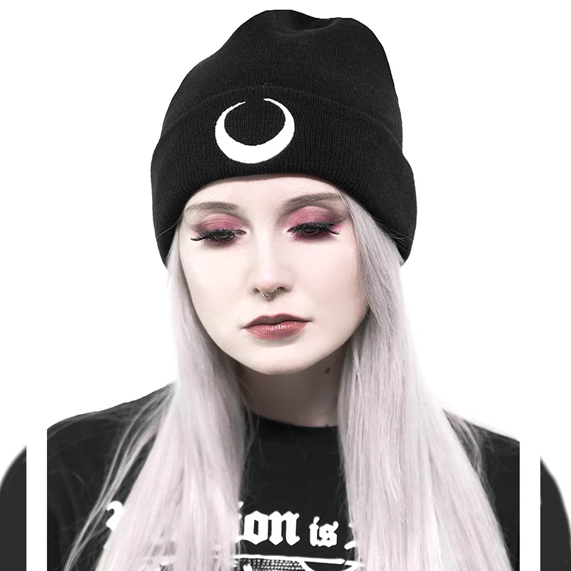 Grunge Black Knitted Caps Hats Harajuku Punk Moon Graphic Print Autumn Woman Cap Beanies Warmer Cap Women\'s Cap