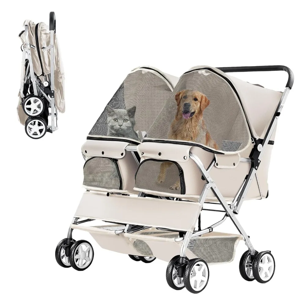 

Pet Stroller, Foldable Stroller for 2 Dogs & Cats, Two-Seater Carrier Twin Dog Walk Jogger Travel Pet Carriage Cart