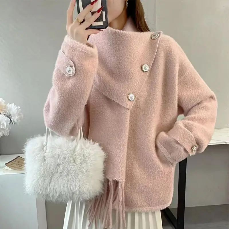

French Small Fragrance Pink Scarf Dopamine Sweater Jacket For Women'S New Winter Loose Knitted Cardigan Lazy