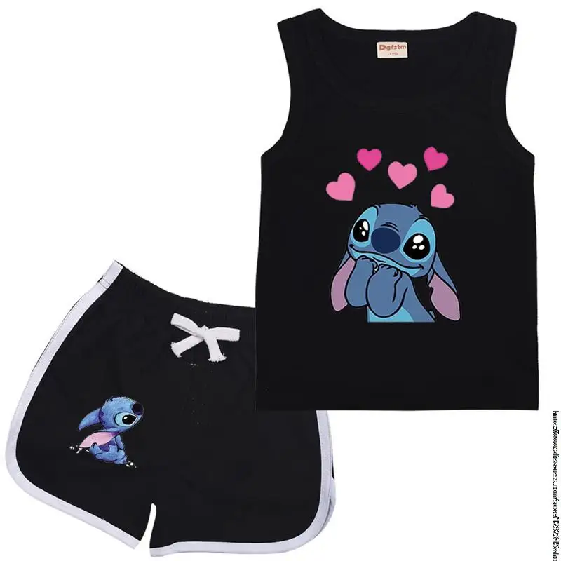 Disney Stitch Sports Clothes Suit Children Fashion Leisure Sleeveless Girls Vest + T-shirt 2Pcs Sets Kids Spring Summer Wear