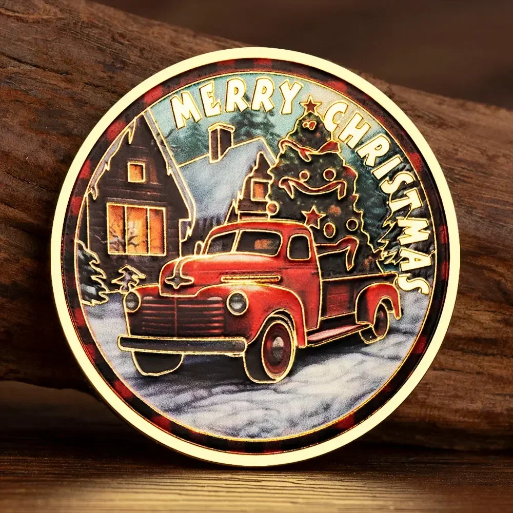 Merry Christmas Red Pickup Truck with Tree Xmas Golden Plated Collection Coin Funny Festive Decoration Supplies
