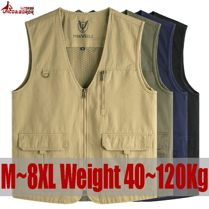 Plus Size 6XL 7XL 8XL Male Casual Streetwear Sleeveless Vests Outdoor Multi Pocket Pure Cotton Waistcoat Jackets Men Clothing