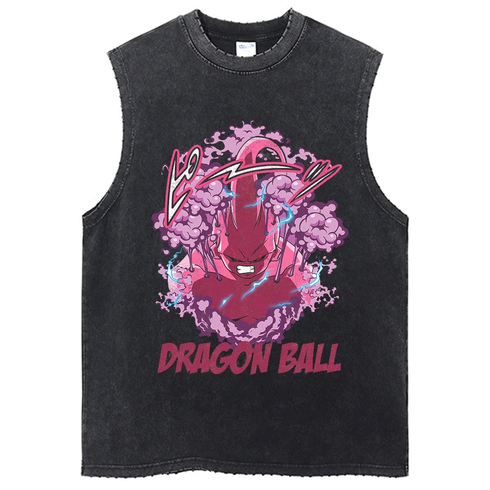 Men Washed T-Shirt Sleeveless Dragon Ball Anime Graphic Oversized Black T Shirt Summer Short Sleeve Hip-hop Tshirt VintageTank