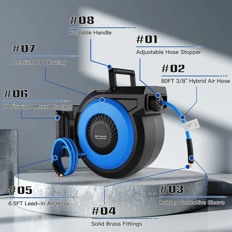 Enrouleur de tuyau d'air rétractable 80 pieds + 6,5 pieds, moulinet de tuyau pneumatique mural pour atelier de garage, rembobinage automatique 3 8x80'air hybride