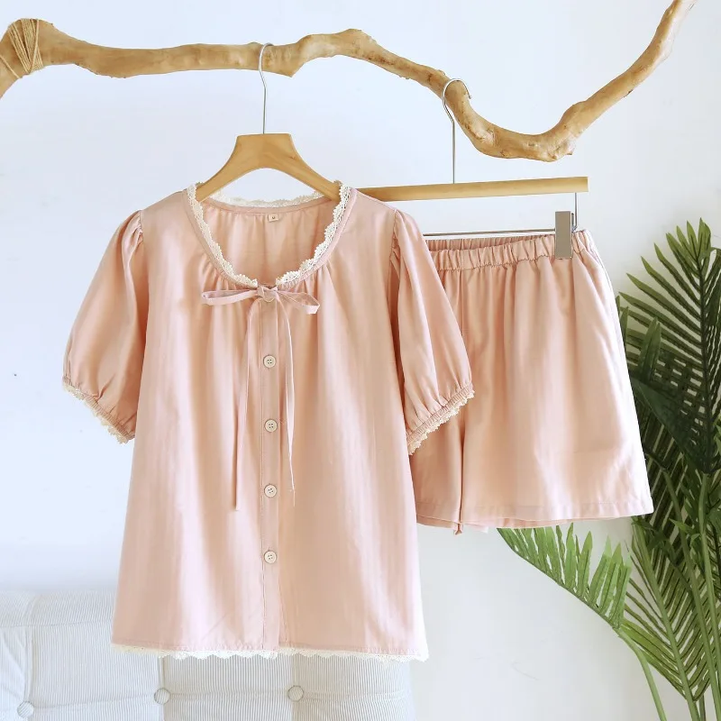 2026 Summer New Women's Pajama Set 100% Cotton Gauze Short Sleeve Shorts Round Neck Solid Color Loose Home Clothes Two Piece Set