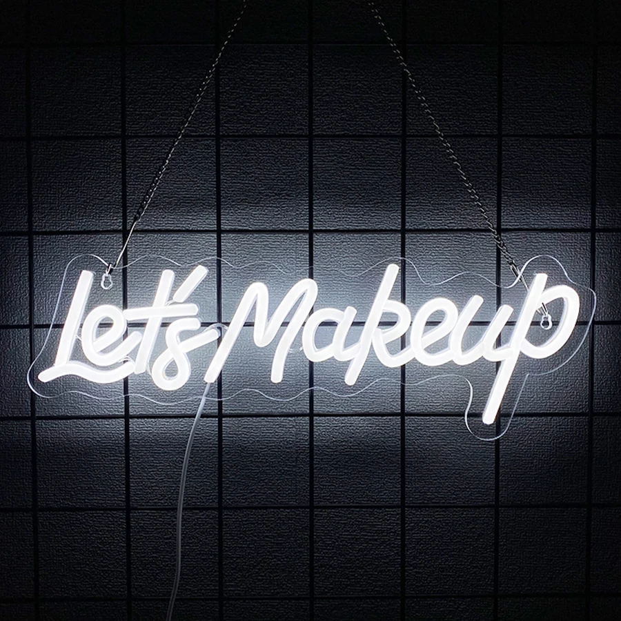 Let's Makeup Neon Sign, White LED Word Wall Art Decor USB Powered , Neon Light for Spa, Beauty Room, Nail, Brow & Lash Salon