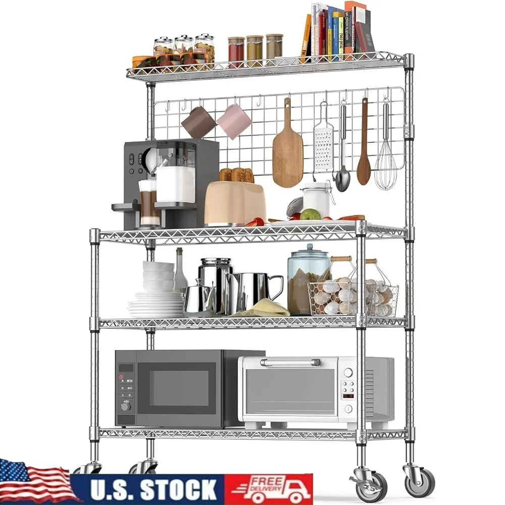 

42 Inch Bakers Rack with Wheels Heavy Duty Kitchen Storage Rack 4-Tier Metal Shelves Rolling Microwave Stand 20 S-Hooks