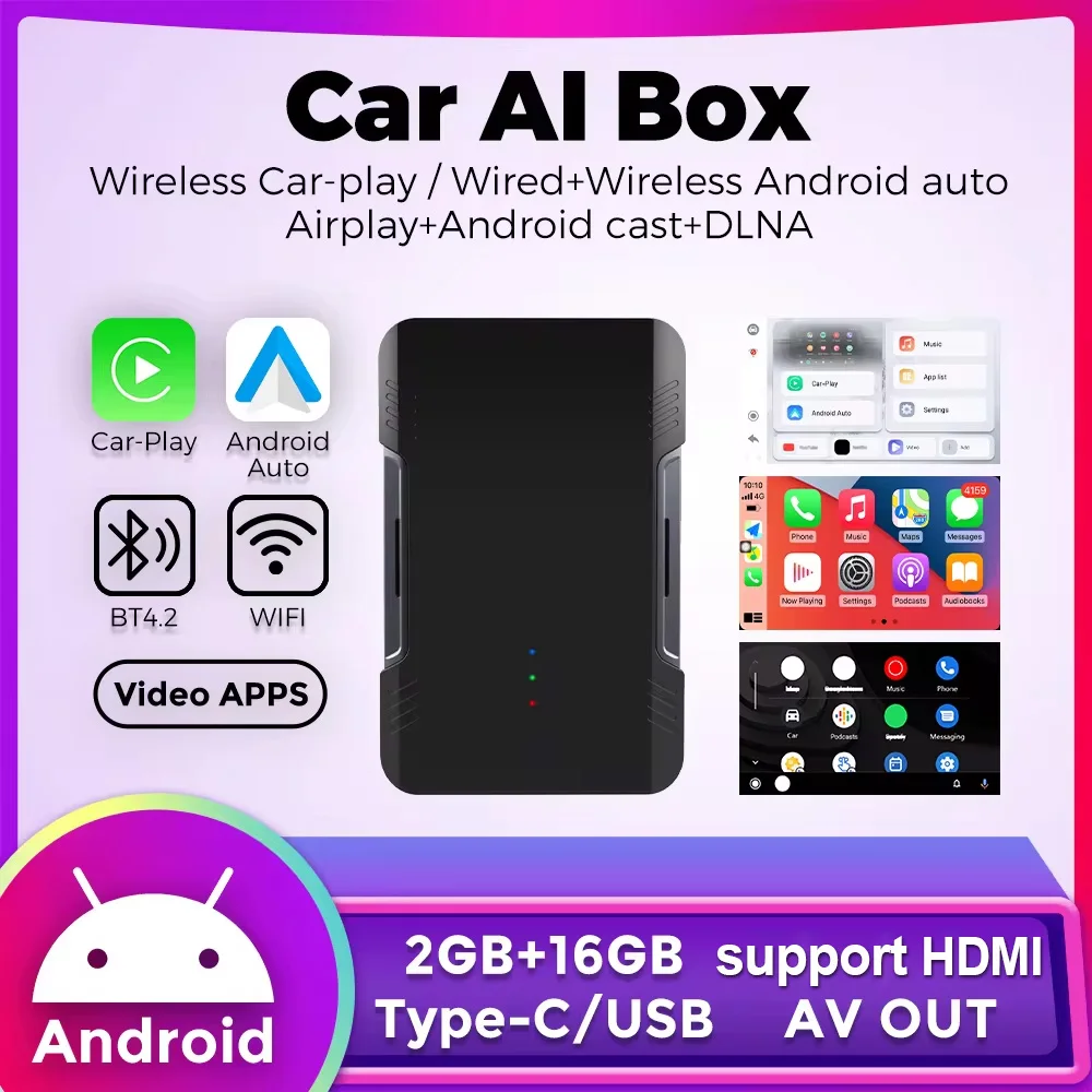 Car TV Box Wired To Wireless CarPlay Android Auto Ai Box 2GB 16GB Support Netflix Youtube Av Out AirPlay typeC USB Plug and Play