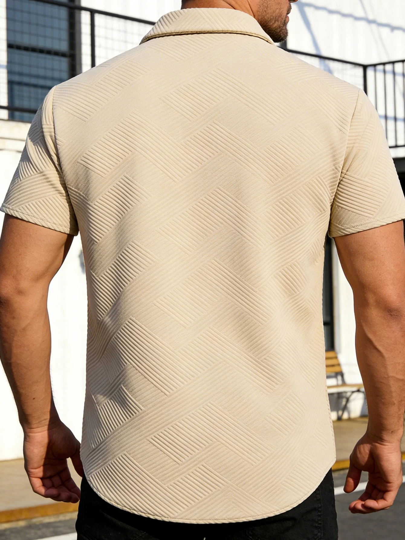 Men's Geometric Embossed Textured Knit Shirt Short Sleeve Button Up Casual Breathable Summer Textured Knit Shirt Short Sleeve