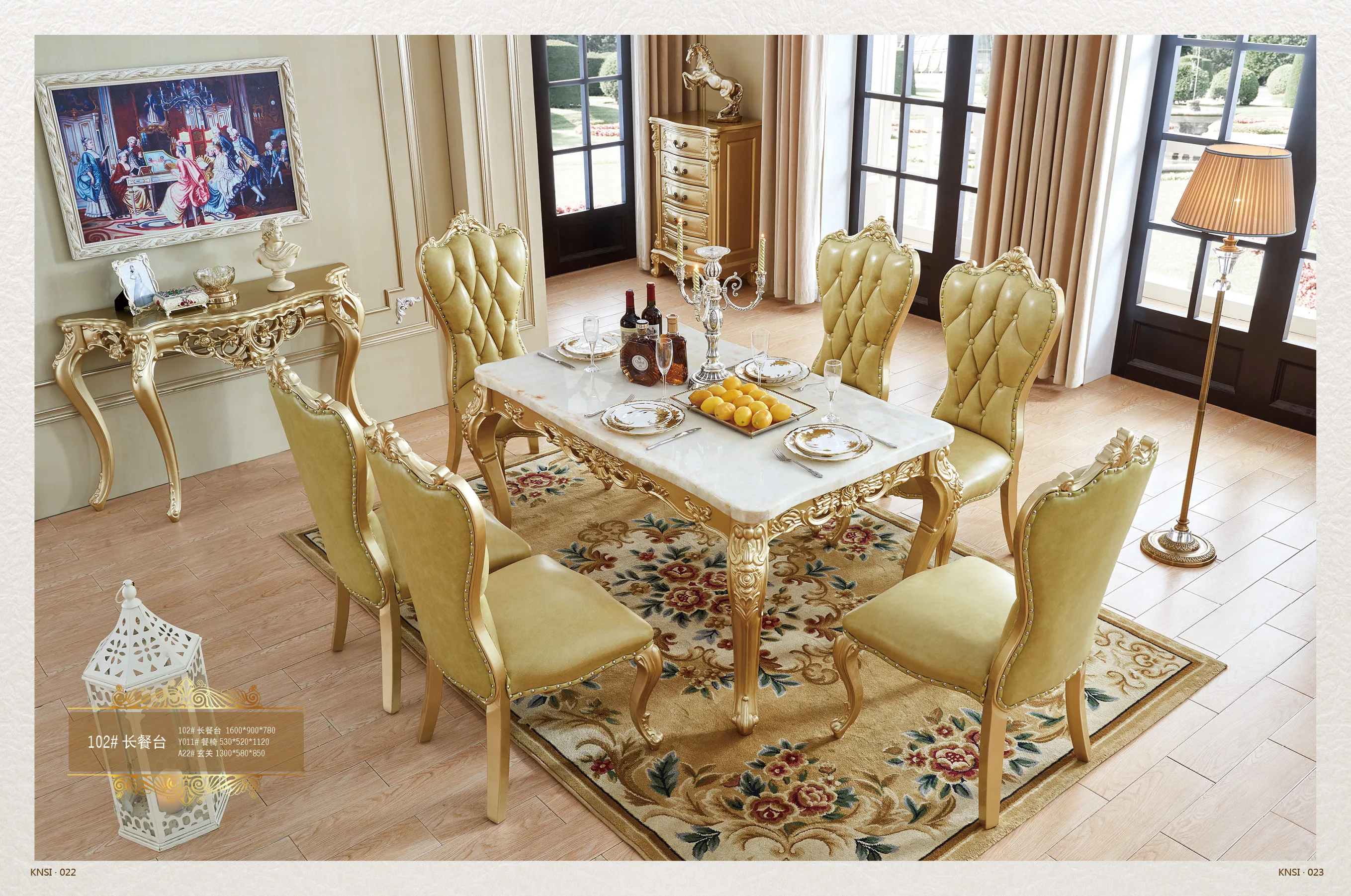 Solid Wood Base Frame Marble  Top Royal Design Gold Color  European Luxury Dining Table Set  Dinning Table and Chair