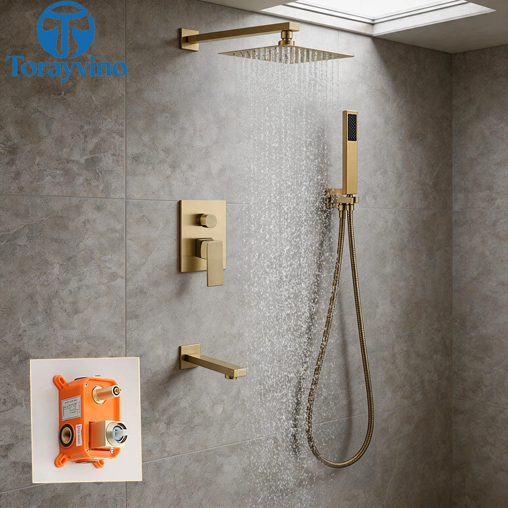 Torayvino Luxury Bathroom Brushed Gold Rainfall Shower Faucet Set Outdoor Shower System Set Complete Bathtub Kits Mixer Tap