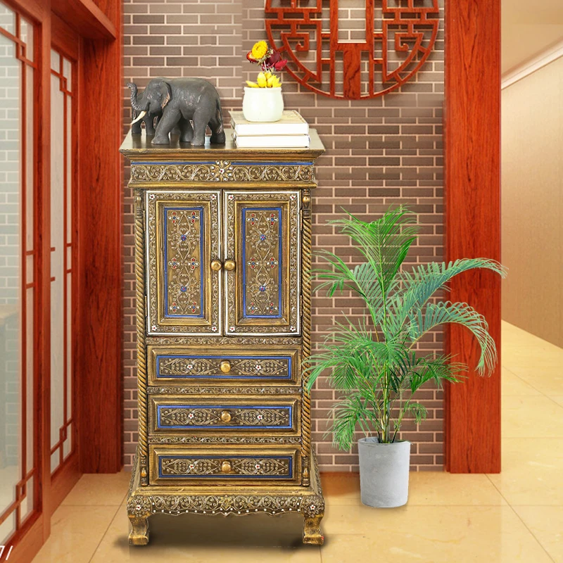 Thailand Solid Wood Carved Entrance Hall Cabinet Living Room Entrance Cabinet Southeast Asian Retro Furniture Decoration