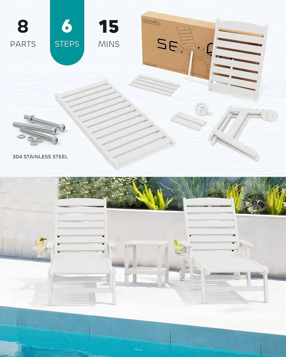 [سعر مخفض! ]مجموعة كراسي صالة فناء مكونة من 2 إلى 78 بوصة طويلة و5 أوضاع قابلة للتعديل HDPE للاستراحة الخارجية لصالة PoolPoly