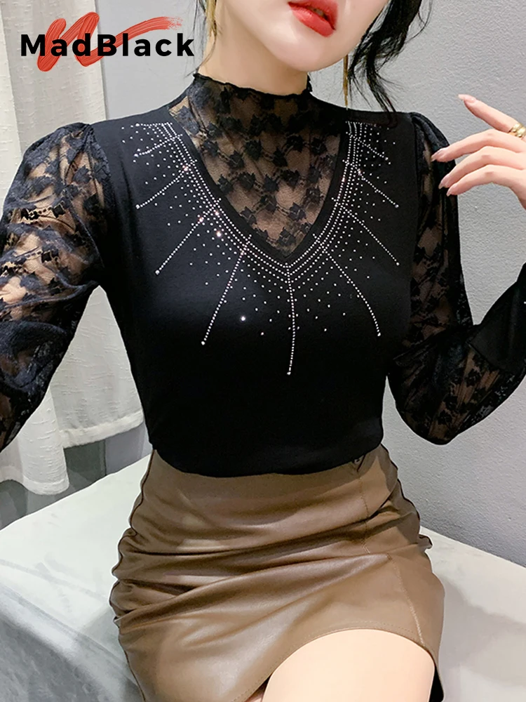 

MadBlack European Clothes Tshirt Women High Collar Hollow Out Lace Hot Drill Slim Cotton Top Long Sleeve Tees Autumn T39102JC