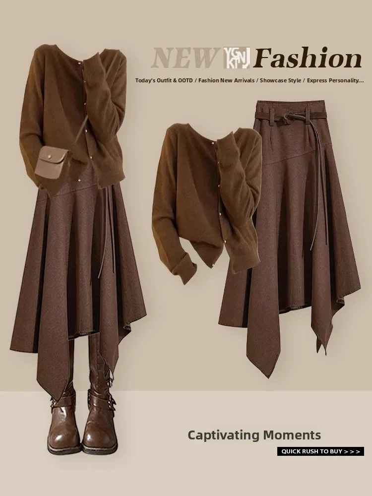 

Ретро-зимний вязаный комплект: кофейная асимметричная юбка миди с высокой талией и длинными рукавами, однотонный, повседневный стиль