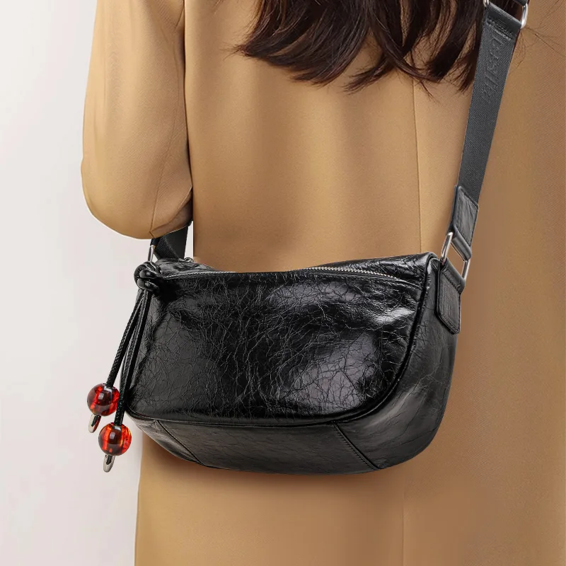 Genuine Cowhide Wrinkle Crossbody Bag Wide Adjustable Strap Bead Decor Multi Pocket Ladies Shoulder Bag Daily Travel Shopping