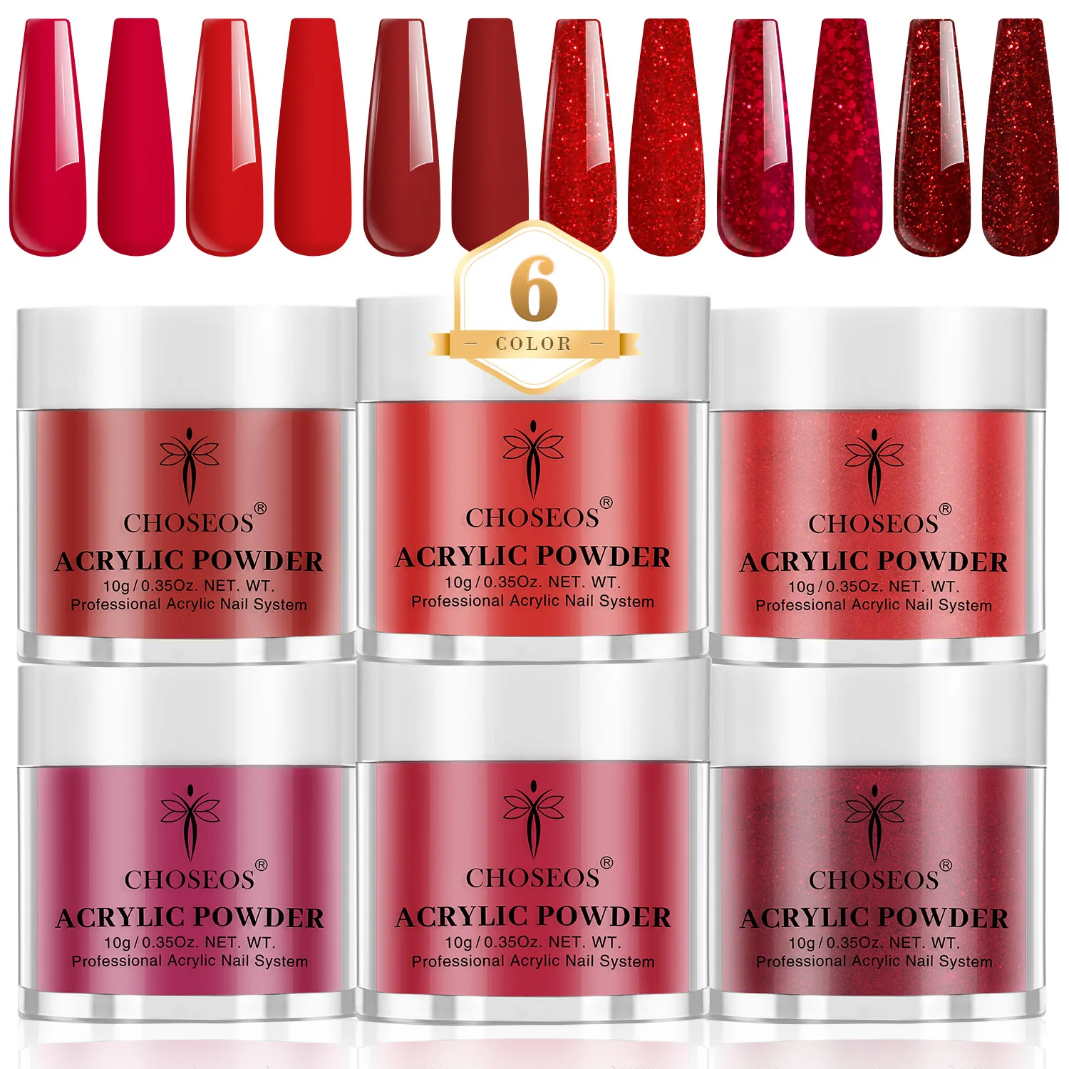 6-Color Festive Red Glitter Acrylic Nail Powder Set, Professional Nail Tech Supplies, Rich Solid Red&Sparkly Red Glitter Nail Art Tones, 10g/0.35oz Mini Bottles, No Curing Light, DIY Nail Extension, Halloween Christmas Holiday Manicure Gift for Women