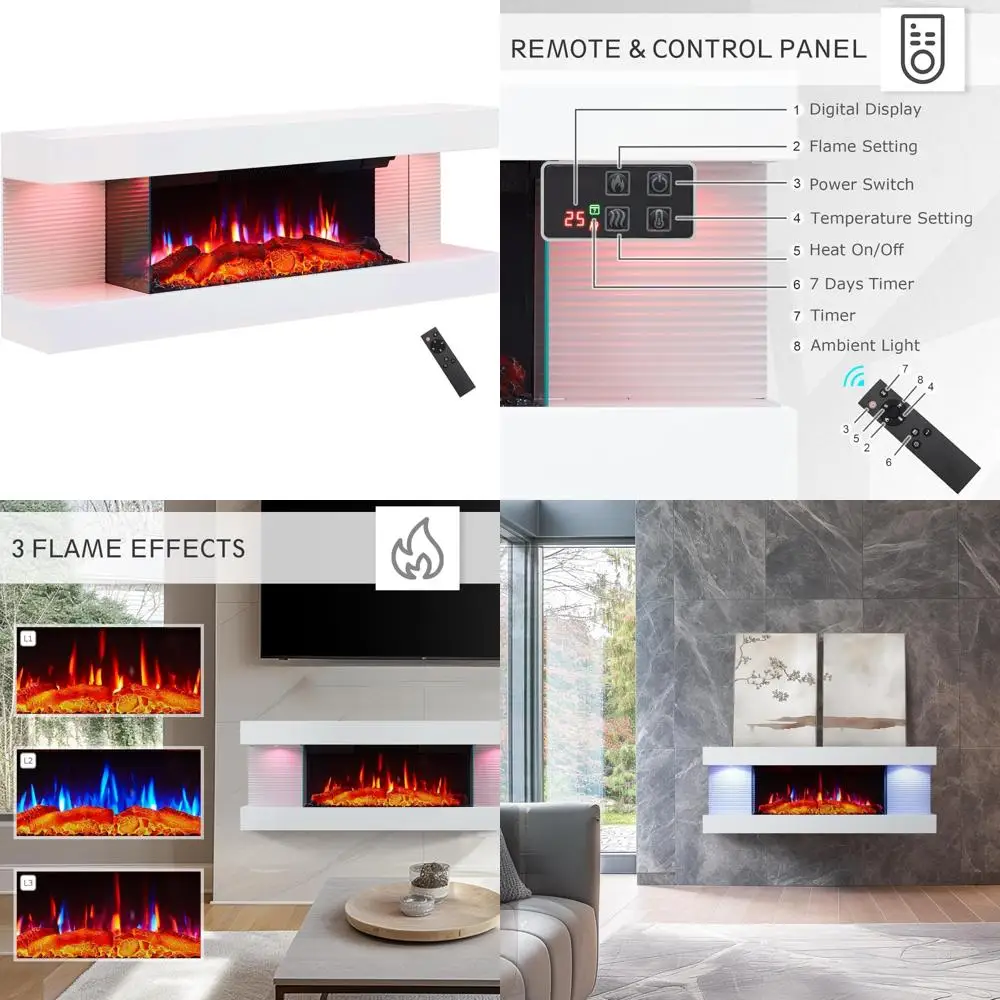 

44-дюймовый настенный электрический камин от PuraFlame Alsa с многоцветной окружающей подсветкой, пультом дистанционного управления, подогревом 1500 Вт, белый