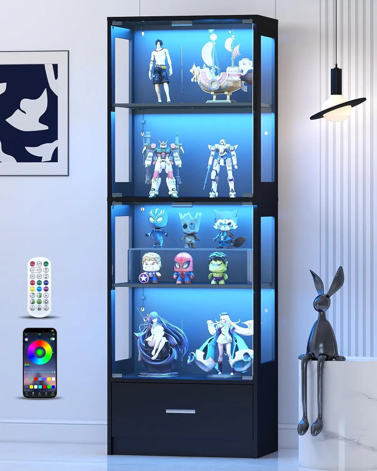 

Display Cabinet with Glass Doors - 67" Curio Cabinet with RGB LED Lights and Drawer for Collectibles, 4 Tier Glass Display Case