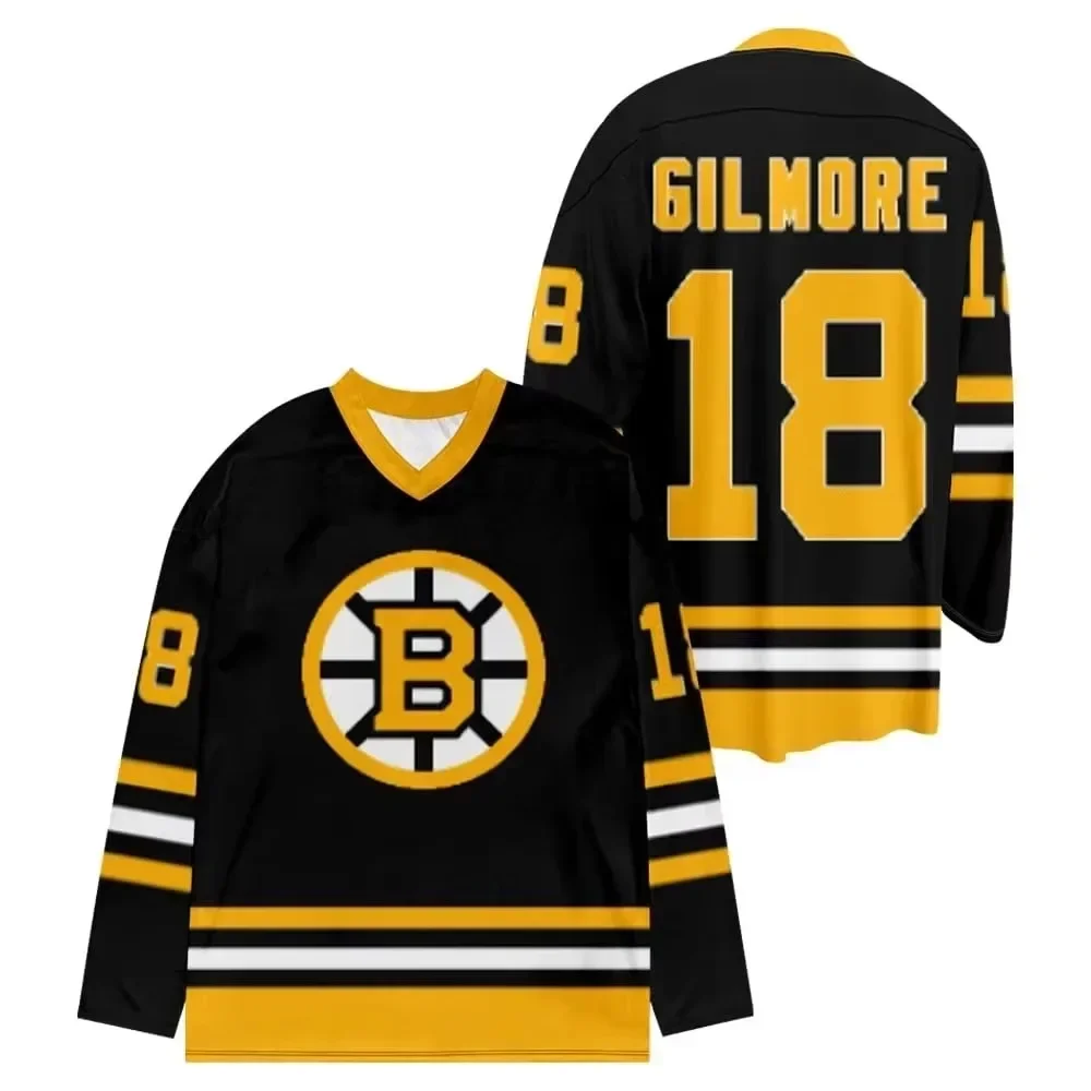 Happy Gilmore 2 Unisex Hockey Jersey 18 V-Neck Long Sleeve Black Gold Stripe Boston Bruins Sports T Men's T-shirt Men Clothing