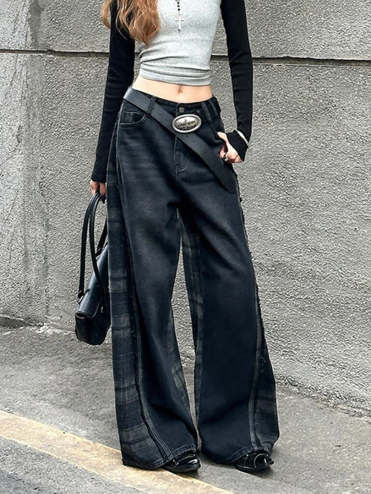 2024 Hosen Y2K Mode Plaid Patchwork Baggy Jeans Hosen Für Frauen Designer Kleidung Breite Bein Casual Dame Hosen Ropa De Mujer