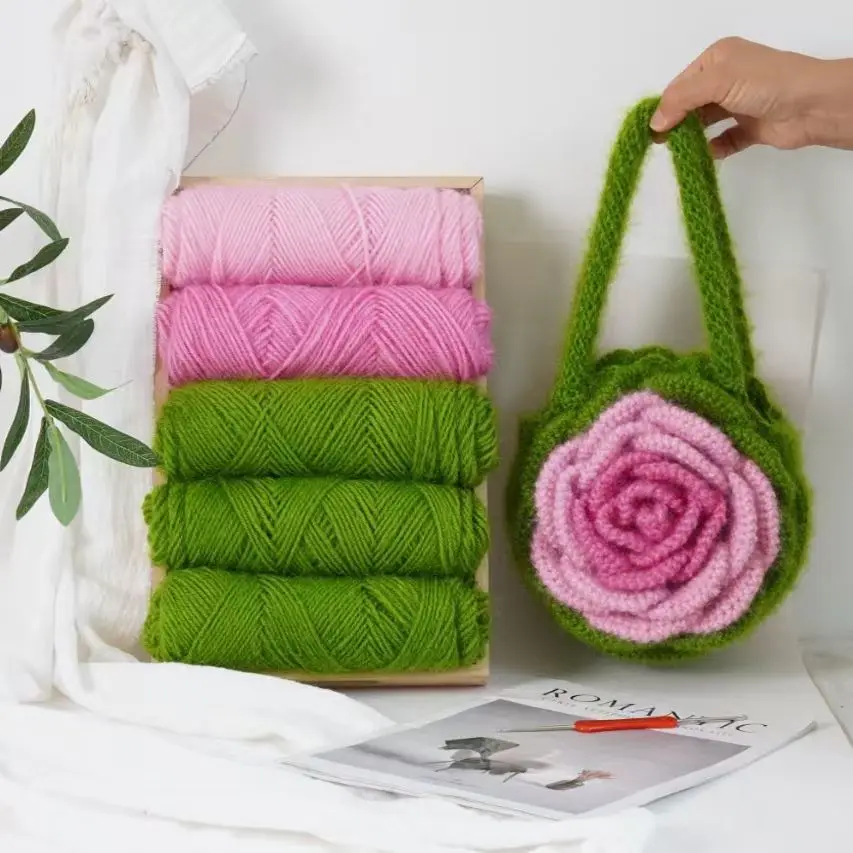 Hand Knitted Peony Flower Bag Small Thai Rose Double Sided Camellia Hook Woven Realistic Flower Gift Knitting DIY Material
