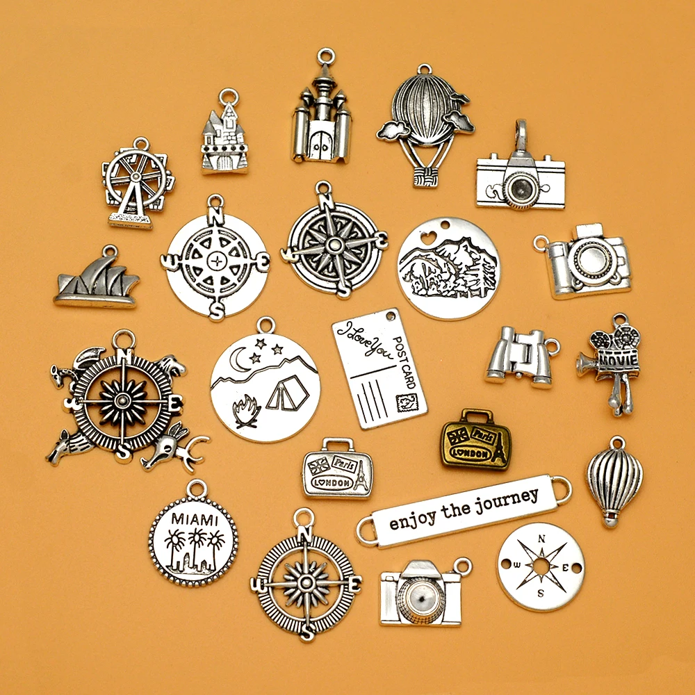 10pcs/lots Travel Camping Charms Spyglass Castle Compass Ferris Wheel Camera Balloon Journey Pendants For Diy Jewelry Making