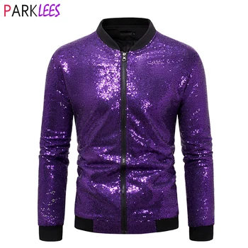 Mens สีม่วงเลื่อมเสื้อแจ็คเก็ต Zip Up Sparkle เสื้อแจ็คเก็ตเบสบอลชายฮาโลวีน Party Disco Dance Prom Jaquetas Masculina