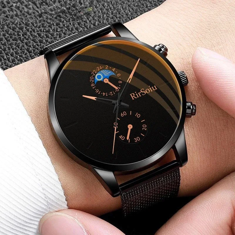 Fashion Mens Watches Luxury Men Black Stainless Steel Quartz Wristwatch Man Business Casual Leather Watch Relogio Masculino