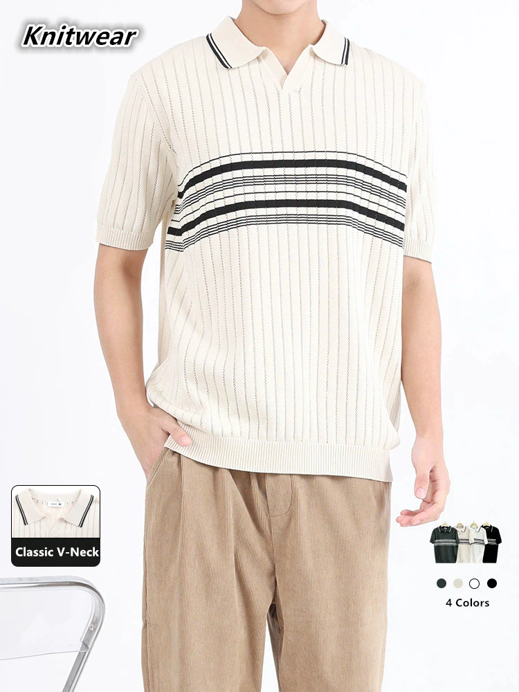 

Охлаждающие эластичные рубашки поло премиум-класса для мужчин, трикотаж в полоску, летнее качество, шелковистые, удобные, с v-образным вырезом, классические Camisas De Hombre