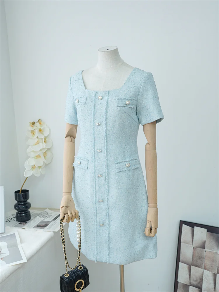 

Handwoven Soft Flower Tweed Dr Women's Summer A-Line Skirt High Waist ort Sve Square Collar Single Button Closure