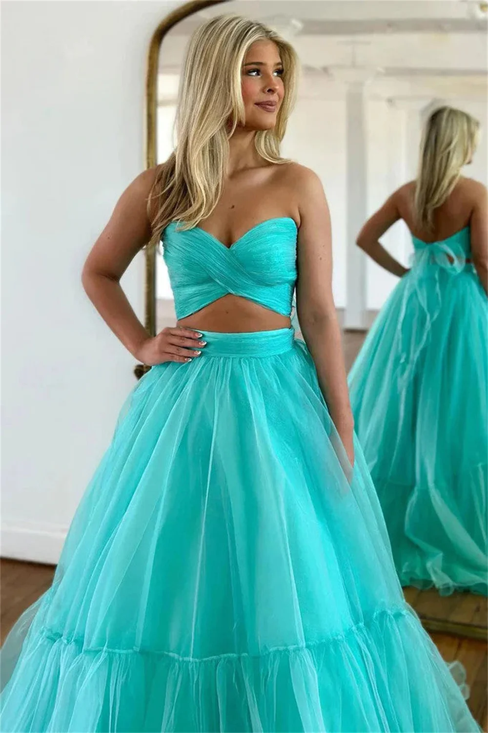 Two Pieces Sweetheart Formal Evening Dresses Tulle Pleated Corset Prom Gowns Back Lace-up Sleeveless Backless A-line Long Gowns