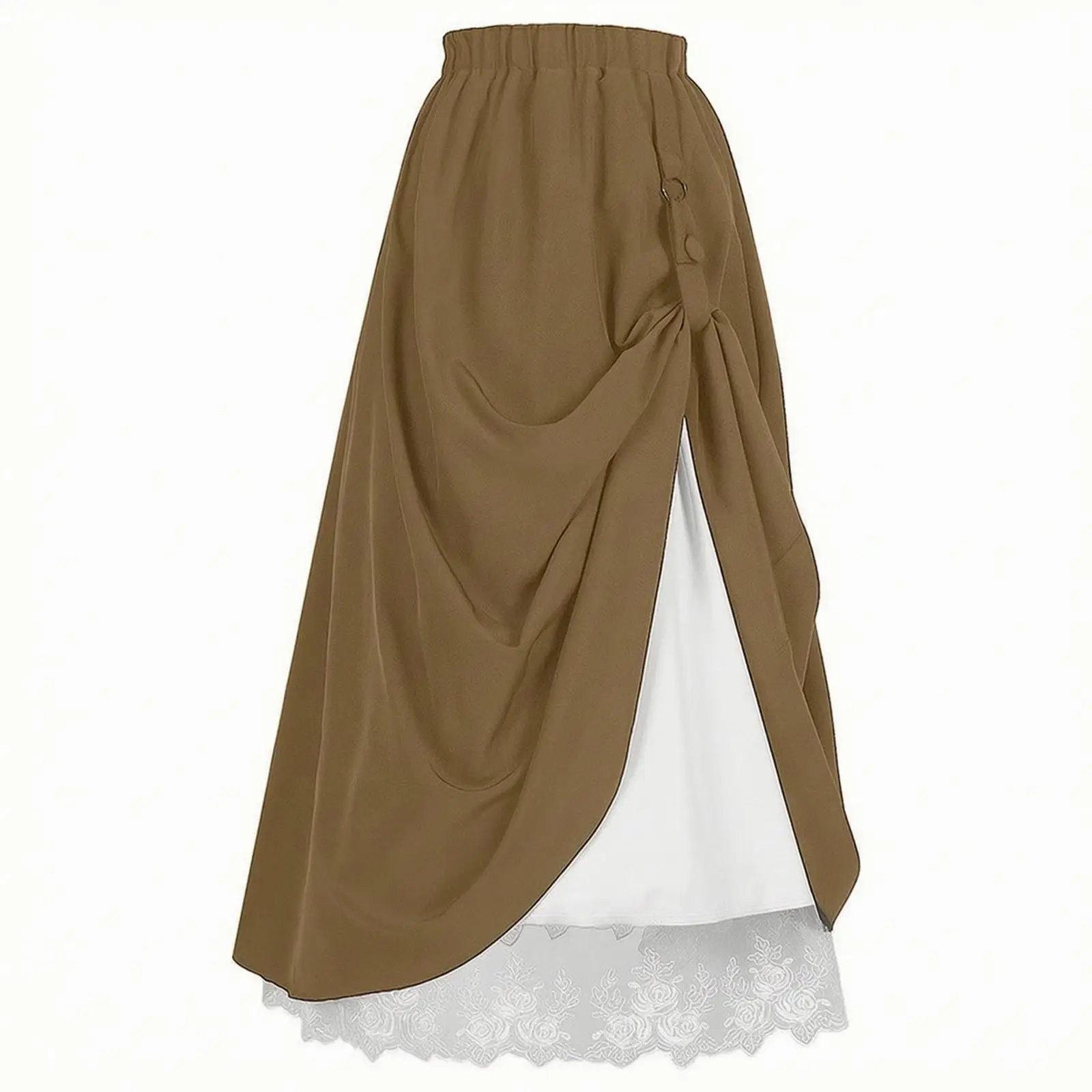Women's Solid Color Layered Midi Skirt with White Lace Underlayer Ruched Pleated Dance Style