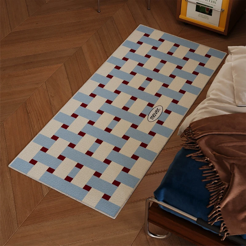 Bedroom Bedside Carpet Soft Comfortable Faux Cashmere Carpets Blue Checkered Rug Home Decor Living Room Bedroom Mat Alfombra