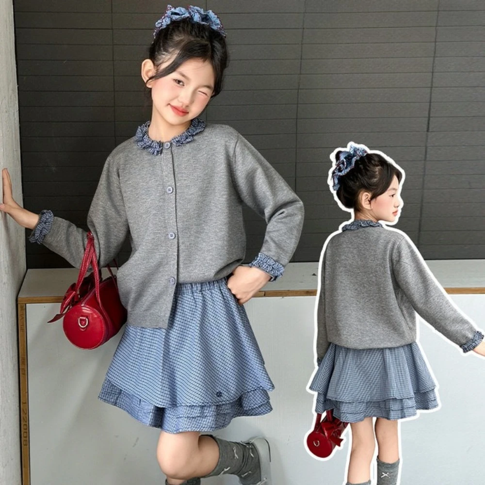 

Girls and Teenagers Autumn New Sweater Korean Version Fake Two-piece Knitted Cardigan Long Sleeved Jacket+ Pleated Skirt Set