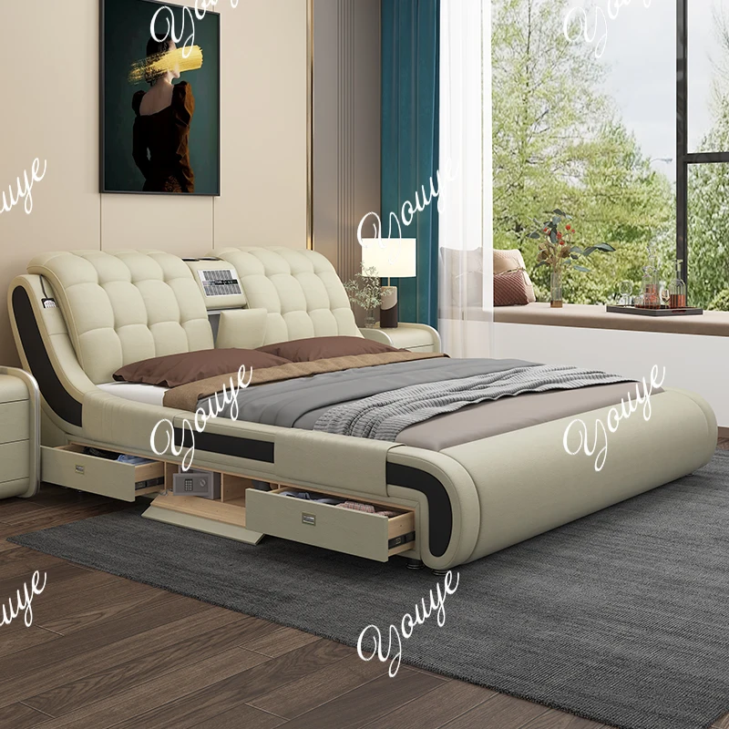 

Technology fabric leather bed 1.8 meters simple modern with audio air purifier password box massage multi-function
