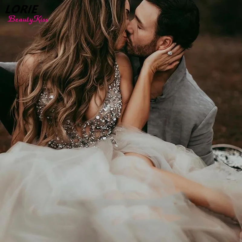 Sexy Glitter Side Slit Wedding Dresses Deep V-Neck Sleeveless Bling Sequins Boho Bridal Gowns A-Line Tulle Bride Dress