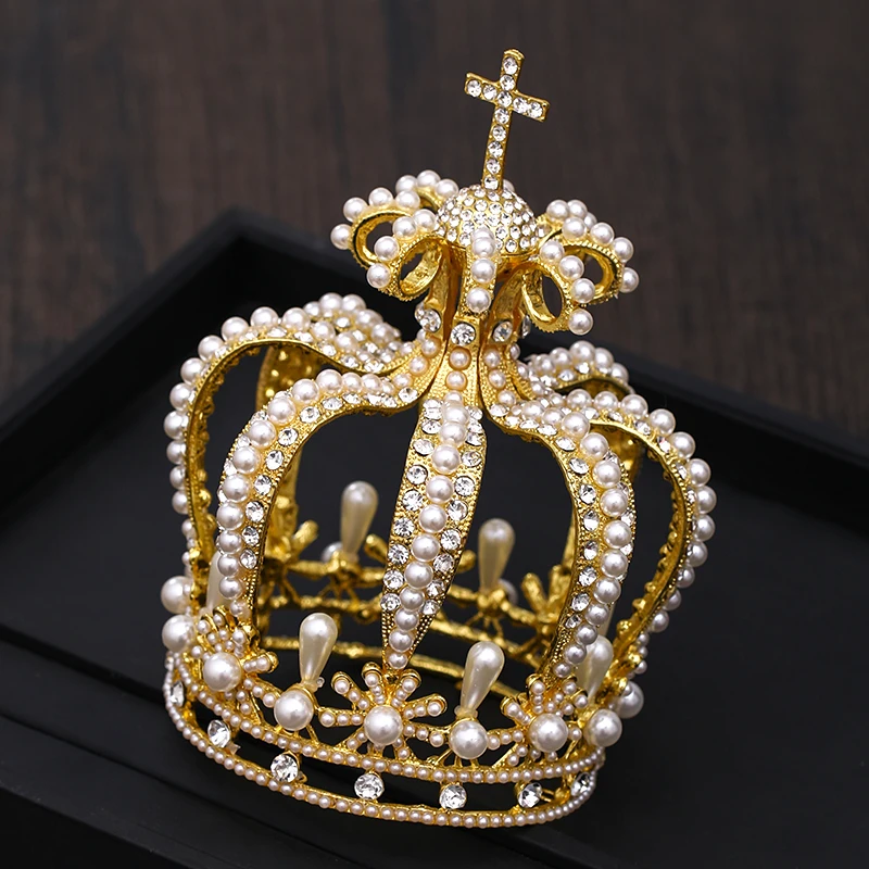 Bridal Crown Headdress Baroque Crystal Pearl Crown Gold Round Crown Queen Tiara Crown Jewelry Party Wedding Hair Accessories image 2