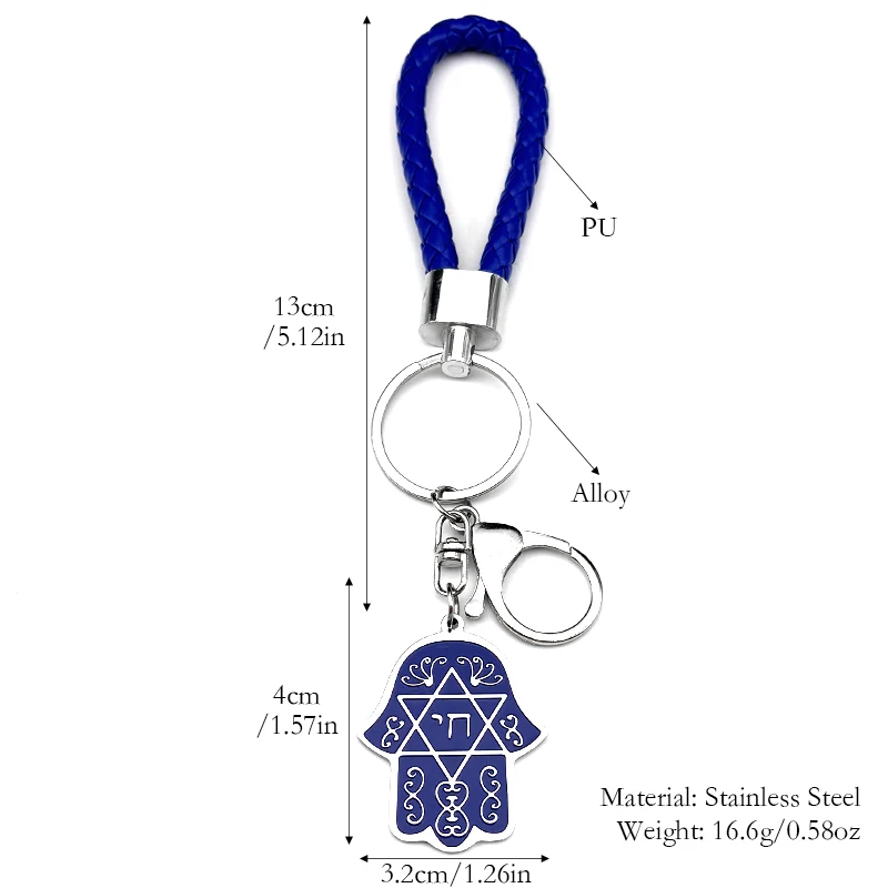 Hebrew Judaism Hexagram Jewish Hamsa Hand Fish Eyes Key Chain Stainless Steel Blue Color David Star Hand of Fatima Jewelry view 6
