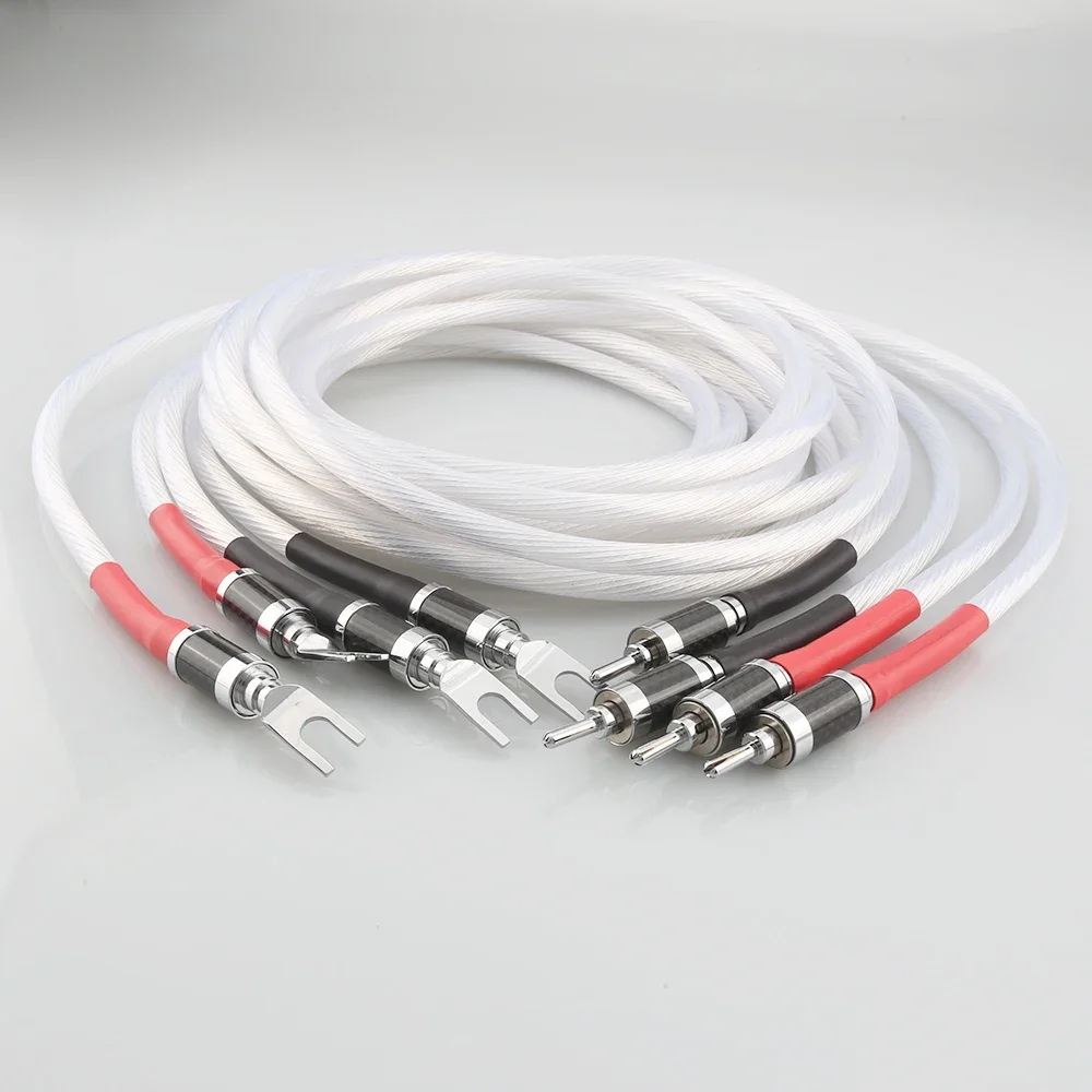 4pcs Hi-end HIFI Silver Plated OFC Speaker Cable With carbon fiber Banana Plug to Y Shape Plugs Speaker Cable Cord Wire