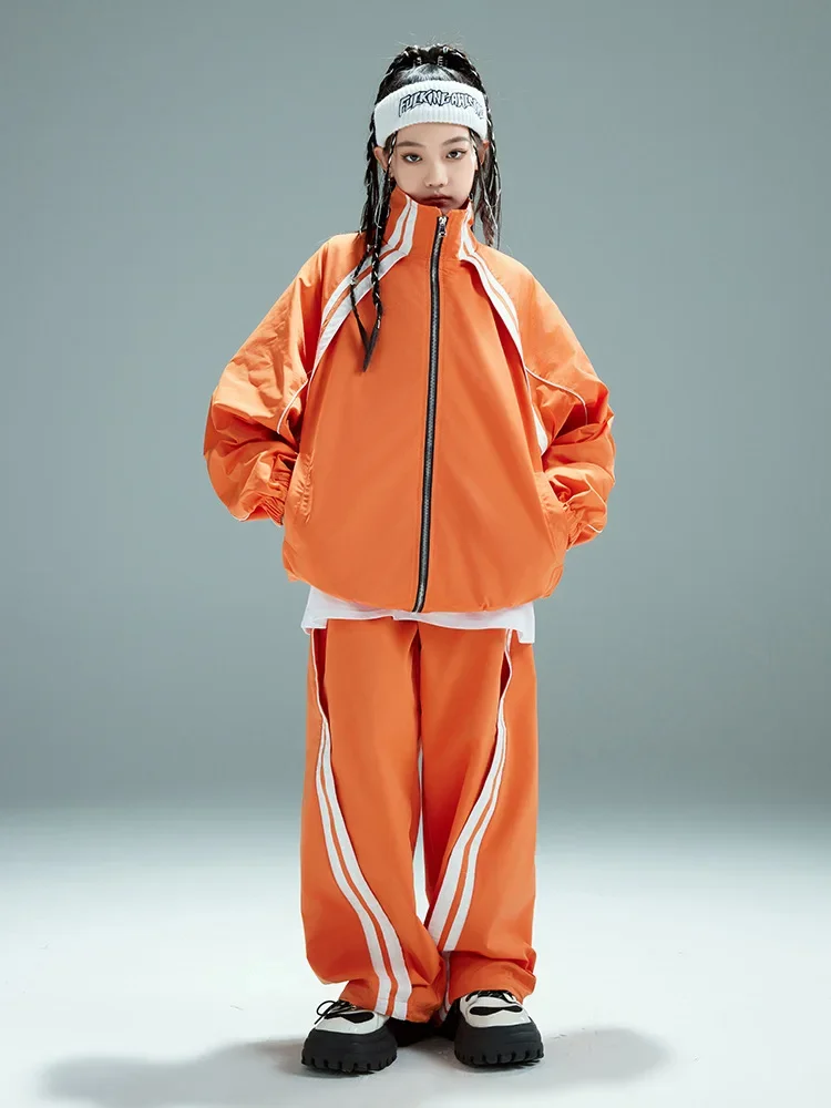 Gilrs dança de rua solto casaco streetwear crianças jazz outfit criança uniforme escolar hip hop meninos gola alta jaqueta calças esportivas